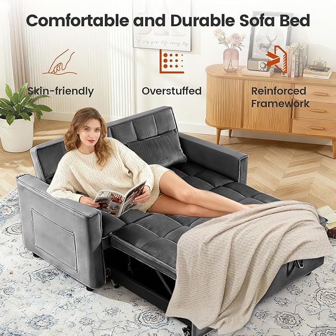 3 in 1 Convertible Sleeper Sofa Bed, Velvet Fabric Loveseat Sofa Bed with Adjustable Backrest & Large Side Pockets, Pull Out Couch for Small Spaces, Apartment, Living Room, Dark Gray