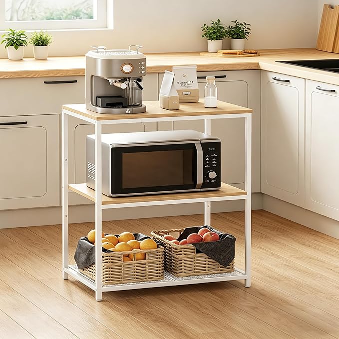 Homleke Kitchen Island with 3 Shelves, Kitchen Shelf with Large Workstation, Bakers Rack, Workbench, Metal Frame, White and Natural
