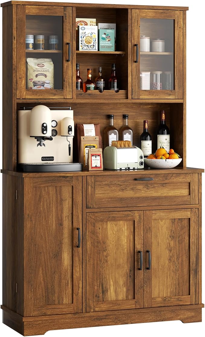 Vongrasig Farmhouse Tall Pantry Cabinet with Acrylic Doors, Large Kitchen Hutch Storage Cabinet for Dining Room, Food Pantry Organization, Microwave Stand, Rustic Brown