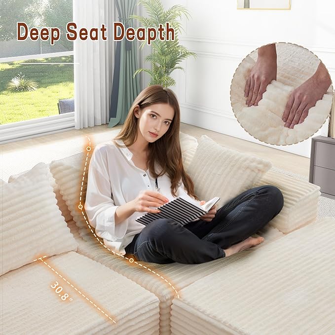 Korser 110" L-Shaped Modular Sectional Sofa with Chaise, Boneless Comfy Corduroy Fluffy Couch with Deep Seat and Side Pockets, Flexible Module Combination for Living Room, No Assembly, Side Pockets