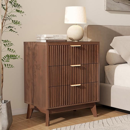 LYNCOHOME Fluted Nightstand with 3 Drawers, Modern Wood Chest of Bedside Table with Curved Profile, Fluted Dresser Organizer for Bedroom,Walnut