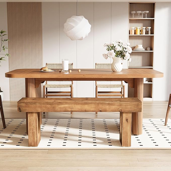 47" Long Solid Wood Dining Bench, Farmhouse Indoor Narrow Kitchen Table Bench with Sturdy Legs for Dining Room, Kitchen, Living Room, Easy Assembly, Rustic Brown