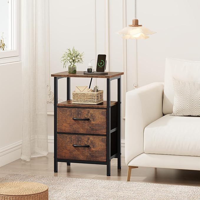 Vagusicc Nightstand Set of 2, Rustic Brown, with Charging Station and USB Ports, Bedside Table with 2 Fabric Drawers, 24.2" Tall Side Table with Storage Shelf,Small Night Stand for Bedroom/Living Room
