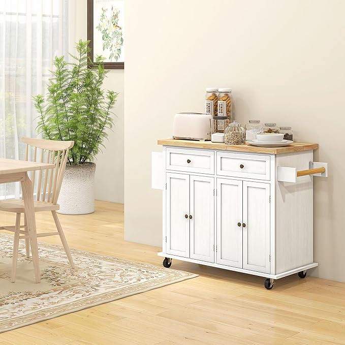 HOMCOM Kitchen Island Cart with Solid Wood Top, 44" Mobile Kitchen Island Table on Wheels with Storage Cabinets, 2 Drawers, Adjustable Shelves, Spice Rack & Towel Bar for Dining Room, Distressed White