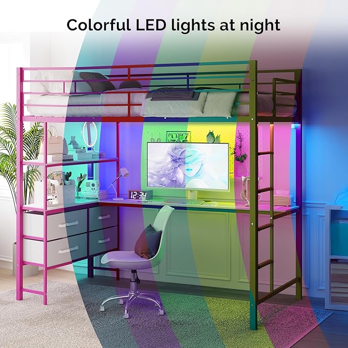 VINGLI Full Metal Loft Bed Frame with L-Shaped Desk, 15 Inches Guardrail, Non-Slip Ladder, 2 Charging Stations, 4 Drawers/Storage Shelves/LED Lights, for Kids Teens Adults, No Box Spring Needed, Pink