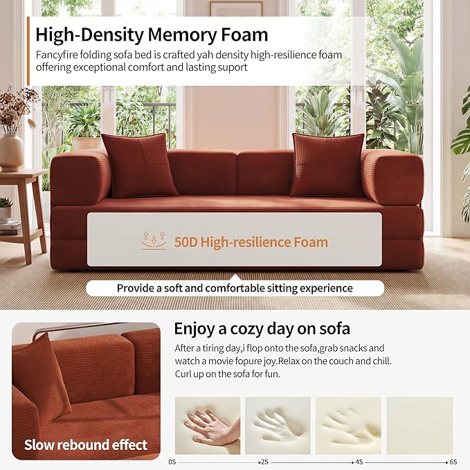 78.8" Convertible Sofa Bed with Armrest Pillow, 4-in-1 Sleeper Couch Bed for Livingroom, Modular Corduroy Boneless couches, No Assembly (Orange)