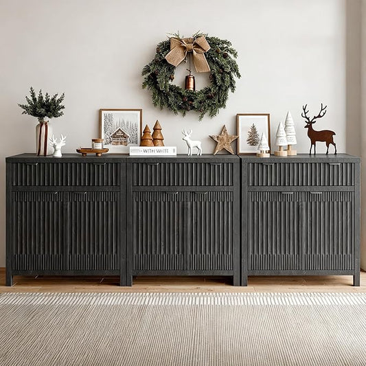 FLOWBACK Fluted Sideboard Buffet Storage Cabinet - 3 Pieces Small Modular Modern Coffee Bar Cabinet with Storage, Media Console Credenza Cabinet for Kitchen, Coffee Bar, Pantry, Living Room