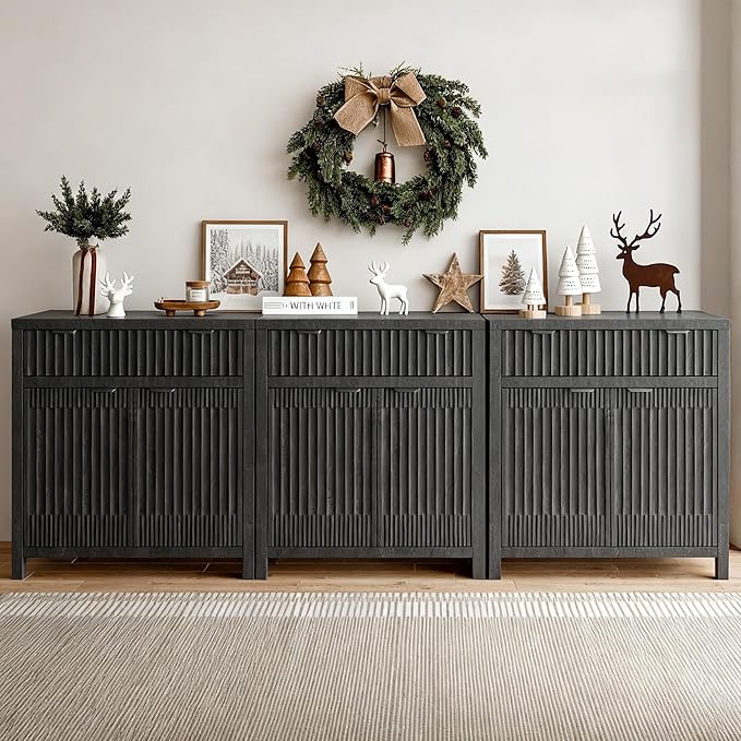 Fatmok Fluted Buffet Cabinet with Storage Set of 3, 34" Tall Modern Arched Sideboard Cabinet w/AdjustableShelves,Wooden Modular Coffee Bar for Kitchen, Living Room, Entryway, Black