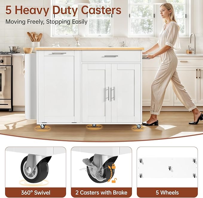 OtterOasis Rolling Kitchen Island with Hidden Trash Can Storage, Kitchen Island on Wheels with Storage, 3-Tier Spice Rack, Towel Rack&Drawer, Mobile Portable Island for Kitchen, White