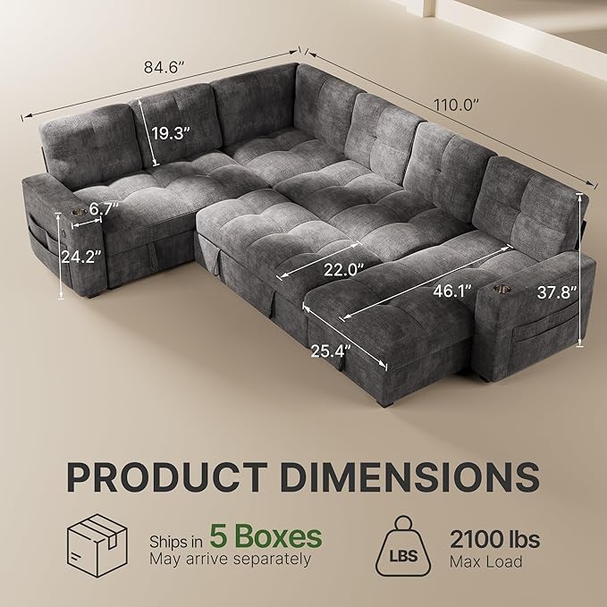 Marsail 110" Sectional Sleeper Sofa with Pull Out Bed, 7 Seat Modular Sectional Couch with Storage, USB & Cup Holders, Modern Chenille Cloud Sofa for Living Room, Light Gray