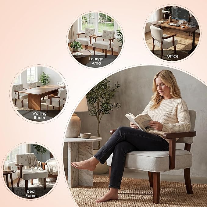 Modern Accent Chairs Set of 2,Butacas para Sala,Mid Century Small Arm Chair,Upholstered Wooden Chairs with Arm Rest,Tufted Backrest,Cushion, for Office,Waiting/Reading/Living Room, Beige