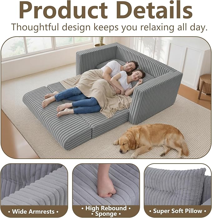 HABUTWAY 41.3" Loveseat Boneless Couch, 4-in-1 Convertible Sofa Bed, Plush Fur Folding Futon Sofa Bed Couches with a Pillow for Living Room, High-Density Foam Support, No Assembly Required, Light Grey