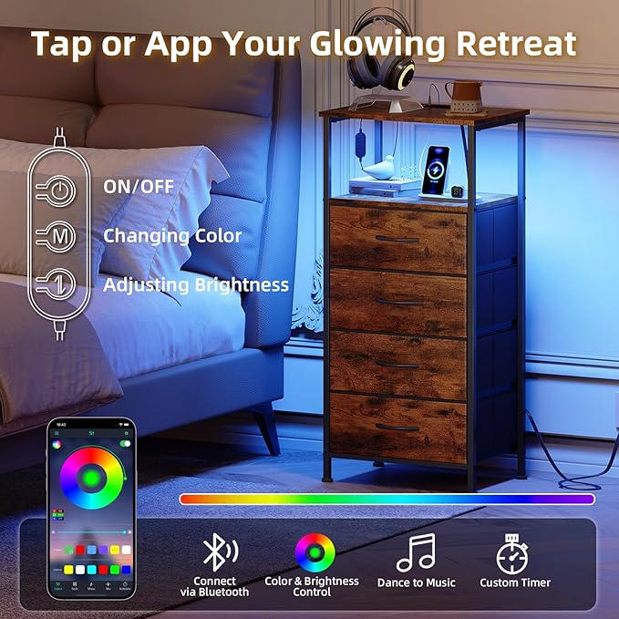 Somdot Tall Nightstand with Charging Station and LED Light for Bedroom, 4 Drawers Dresser with Fabric Bins for Bedside Kids Dorm Room Closet Laundry Entryway, Wood Grain Print