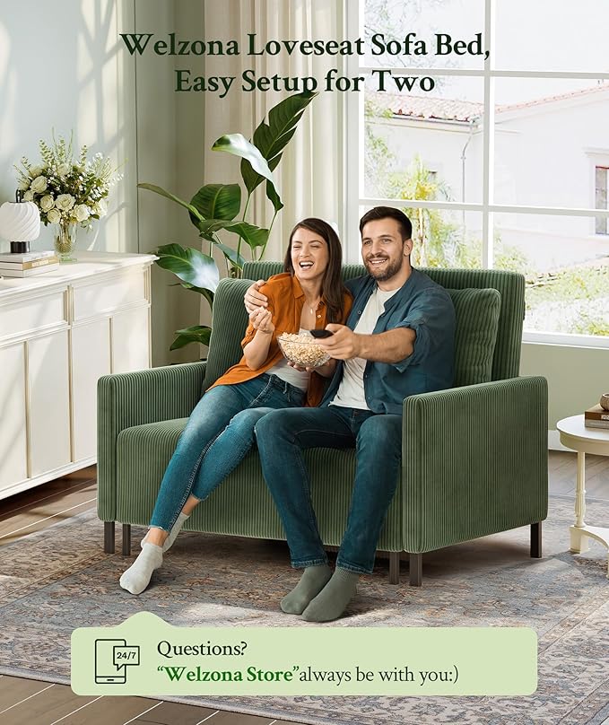 Welzona 47.2" Convertible Sofa Bed Couch, Comfy Corduroy Loveseat Sleeper Sofa, 620lbs Capacity Couch Bed, Easy Setup Love Seat Sleeper Bed 2 Pillows, Small Couches for Living Room/Office, Olive Green