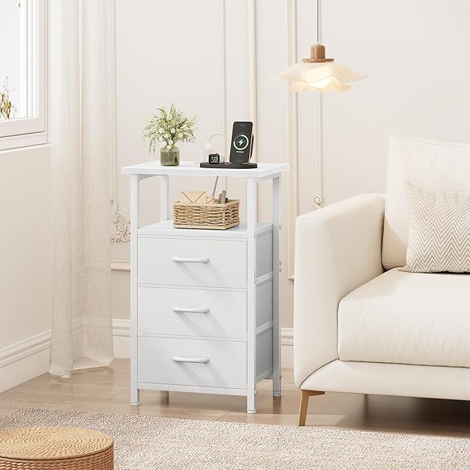 Vagusicc Nightstand Set of 2 with Charging Station, Bedside Table with USB Ports and Outlet, End Table Side Table with 2 Fabric Drawers and Storage Shelf, Bed Side Table Night Stand for Bedroom, White