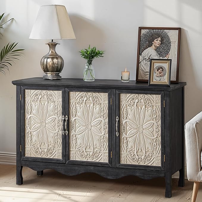 RoyalCraft Farmhouse Sideboard Buffet Cabinet with Storage, Vintage Solid Wood Credenza Buffet Table Coffee Bar Wine Bar Storage Cabinet with 3 Doors for Dining Room Living Room Hallway, Retro Black