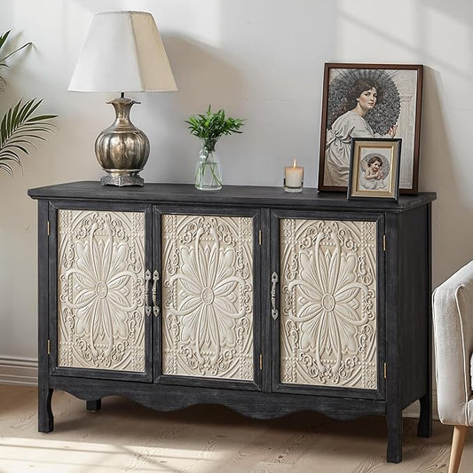 RoyalCraft Farmhouse Sideboard Buffet Cabinet with Storage, Vintage Solid Wood Credenza Buffet Table Coffee Bar Wine Bar Storage Cabinet with 3 Doors for Dining Room Living Room Hallway, Retro Black