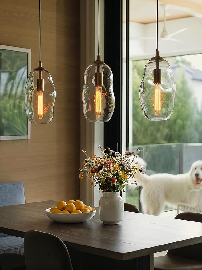 CASAMOTION Modern Pendant Lights Kitchen Island Large Gold Hanging Light Fixtures for Dining Table Blown Art Glass Clear Organic Globe Bedroom Foyer Entryway Hallway Lamp 12 Inch 1 Pack