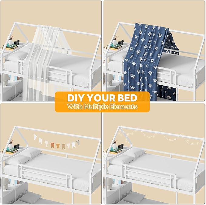LIKIMIO Bunk Bed Twin Over Twin, House Bed Frame with 6 Storage Drawers,Hall Tree, Twin Bed with Metal Slats for Dormitory and Bedroom, Space Saving, No Box Spring Needed, White