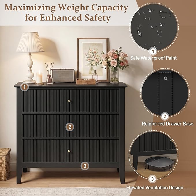 RoyalCraft 32" Large Nightstand, Fluted Painted Bedside Table with 3 Spacious Drawers, Modern Tall End Table for Bedroom, Black