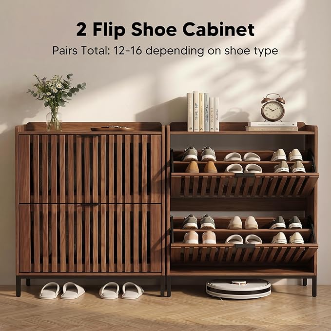 Shoe Cabinet for Entryway, Modern Slim Shoe Storage Cabinet with 2 Flip Drawers, Freestanding Narrow Shoe Rack Organizer with Breathable Slatted Doors & Adjustable Footpads for Hallway & Foyer, Walnut