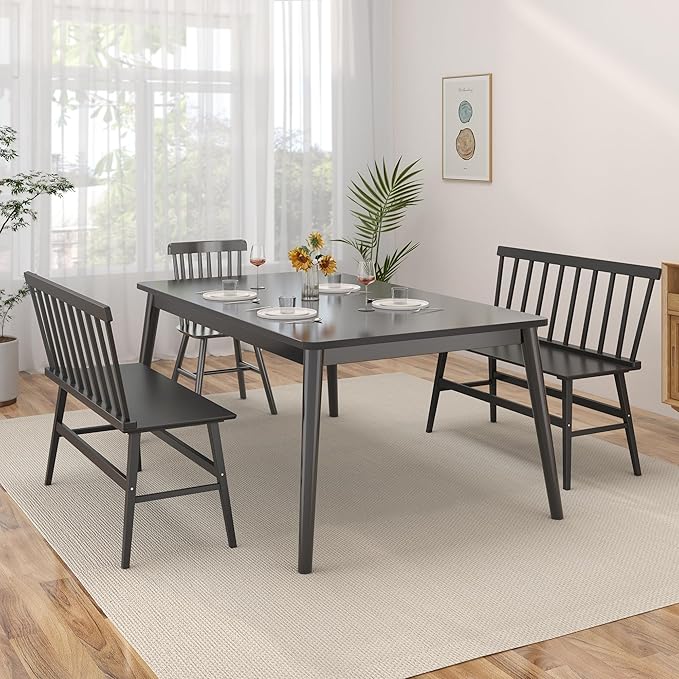 Bamboo Dining Bench, Entryway Bench with Spindle Back Farmhouse Wood Windsor for Foyer Balcony Living Room (Black)