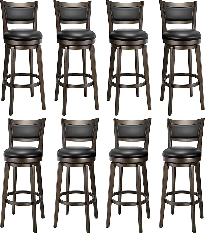 PrimeZone Swivel Bar Stools Set of 8, 32 Inch Tall Bar Height Barstools, Black Faux Leather Bar Stool with High Backrest & Solid Wood Legs & Wrap-Around Footrest, Counter Stools for Pub