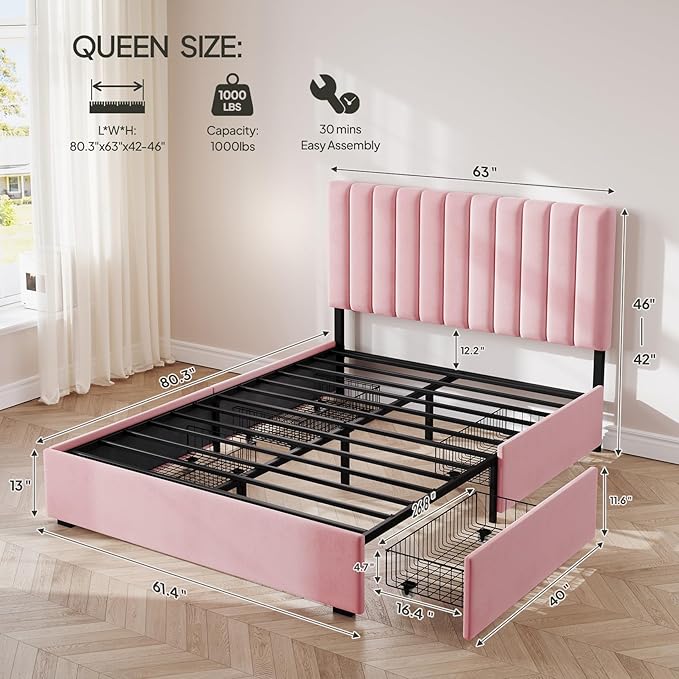 Welzona Queen Upholstered Bed Frame with 4 Storage Drawers, Velvet Upholstered Metal Platform Bed with Vertical Tufted Headboard, 3-Level Height, Metal Slat Support, Noise-Free Easy Assembly, Pink