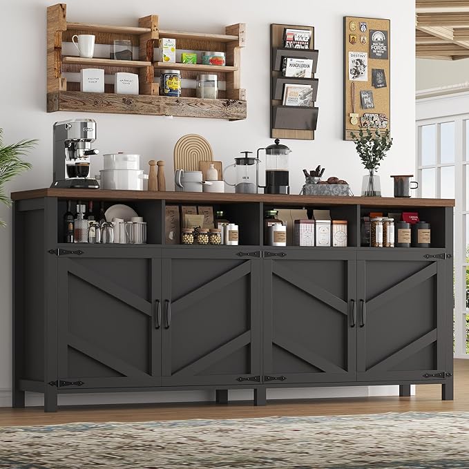knoworld 63'' Buffet Sideboard with Storage Farmhouse with 4 Doors, Large Kitchen Storage Cabinet Wood Coffee Bar Cabinet Buffet Table with Shelves for Kitchen, Dining Room, Entryway