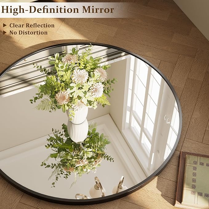 XRAMFY 42 Inch Round Black Metal Wall Mirror - Stylish Circle Mirror for Entryway, Bathroom, and Living Room Decor | Matte Black Circle Wall Mirror
