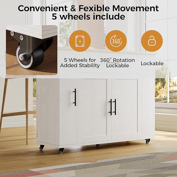 IRONCK Kitchen Island with Storage, 47.2in Rolling Island on Wheels, Kitchen Cart with Drop Leaf, Drawer and Towel Rack for Home, Dining Room