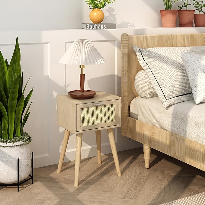 LAATOOREE Nightstand Set of 2, Small Bedside Table, Boho Side End Table, Rattan Door, Solid Wood Feet for Bedroom and Living Room