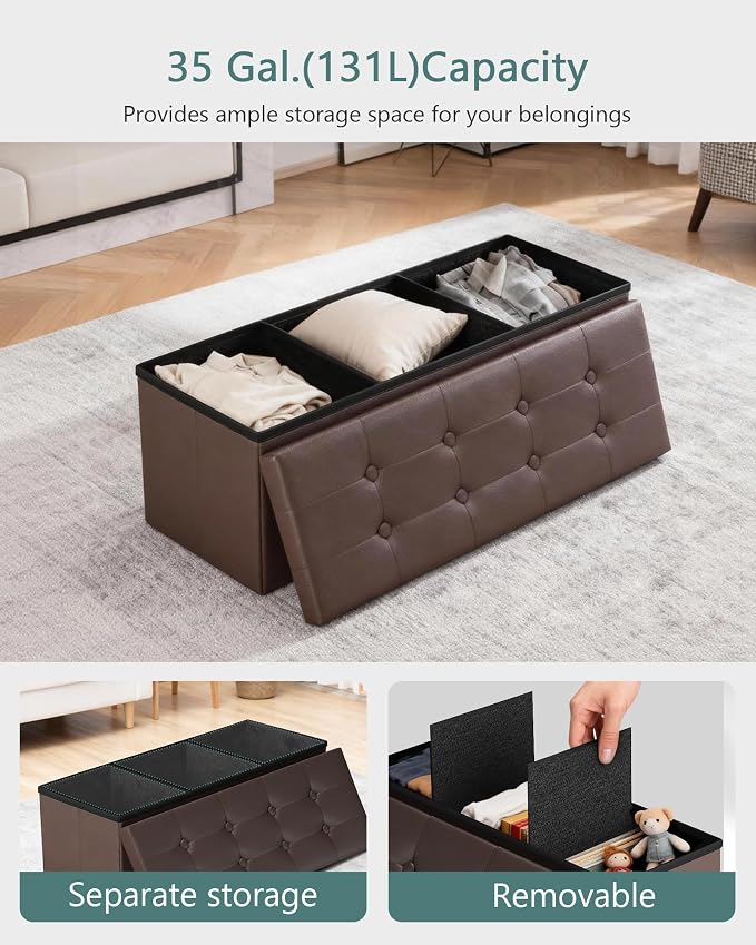 LITZFUR 43 Inches Folding Storage Ottoman Bench, PU Leather Storage Chest, Footrest Padded Seat for Bedroom and Hallway, Holds up to 660 lbs, Brown