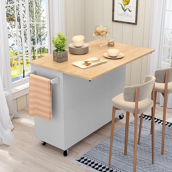 HLR Kitchen Island with Storage, Grey Rolling Kitchen Island on Wheels with Drop-Leaf Bar Countertop, Prep Table with Side Open Spice Rack and Tower Rack, Home Bar Carts with Storage