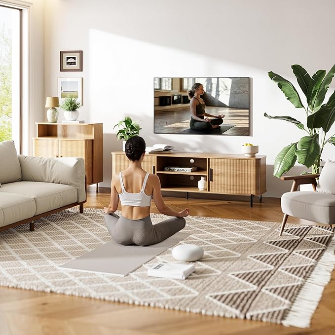 SUNCOZE 70" Mid-Century Fluted TV Stand with Storage, Modern Entertainment Center for TVs up to 80 Inch with Sliding Tambour Doors & Open Shelves, Media Console for Living Room or Bedroom, Wood