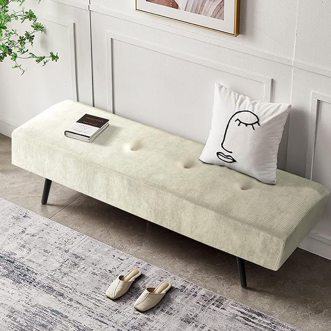 Comfy to go Entryway Bench - Beige Bench for Bedroom, Modern Ottoman End of Bed, Corduroy Padded Benches for Living Room, Foyer, Mudroom, Hallway - 39" L x 14" W x 17" H