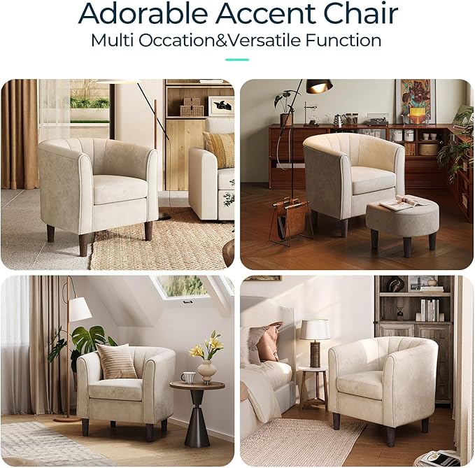 LINSY Small Accent Chair with Ottoman, Modern Barrel Chair Comfy Armchair Reading Chair with Footrest, Small Round Arms Chair for Living Room Bedroom Reading Room, Velvet, Beige