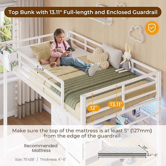 DICTAC Twin Size Loft Bed with L-Shaped Desk and 7 Storage Drawers,Metal Twin Loft Bed for Kids with LED Lights and Charging Station,13.11" H Safety Guardrail and Ladder,No Box Spring Needed, White