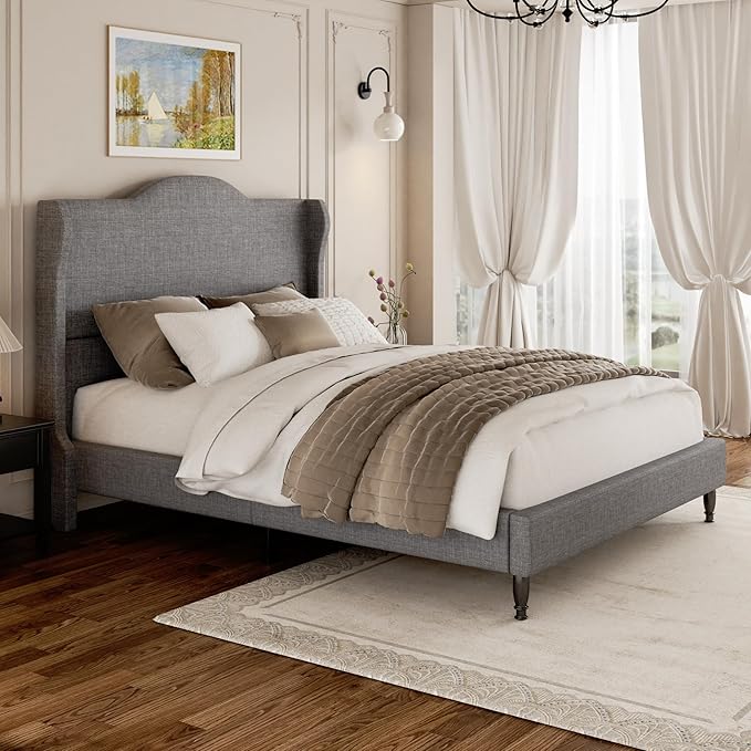 Full Size Bed Frame Upholstered Platform Bed with Tall Arched Wingback Headboard, Sturdy Wooden Slat Support, Easy Assembly No Box Spring Required, Soft Fabric Bed for Bedroom, Light Grey