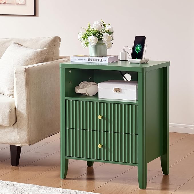 Fluted Nightstand with Charging Station, 21" Wide Modern Bedside Table with 2 Drawers & Open Shelf, Wood End Table with Storage & Metal Handle for Bedroom, Living Room, Small Spaces, Green