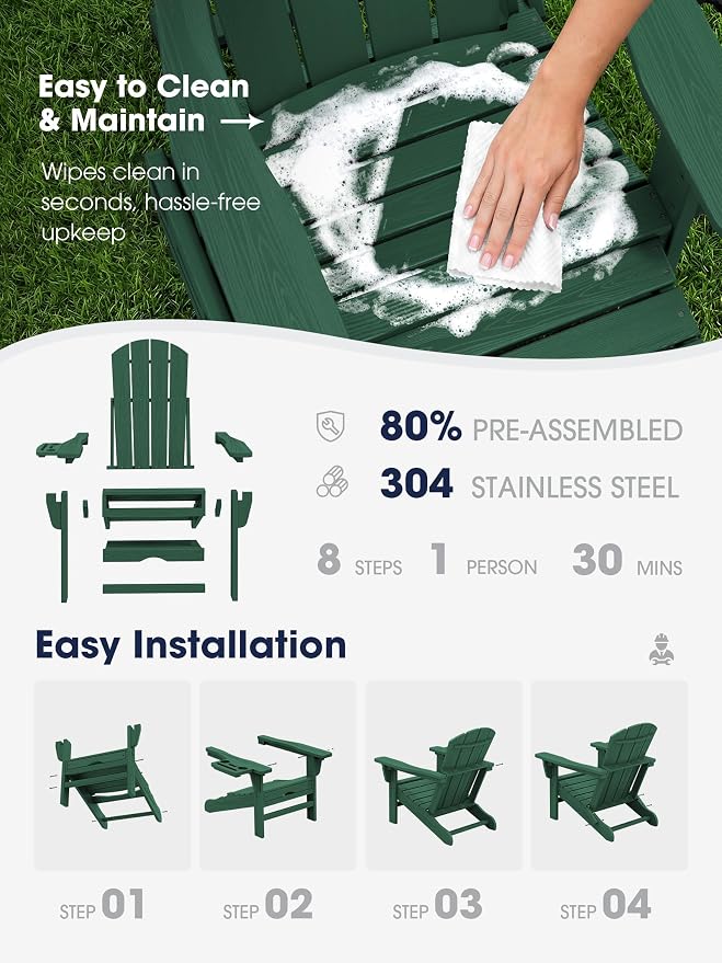 KINGYES Adjustable Folding Adirondack Chair with Footrest & 4-in-1 Multi-Functional Armrest Organizer Set of 4, HDPE Foldable Recliner Adirondack Chair with Pull-Out Ottoman, Green
