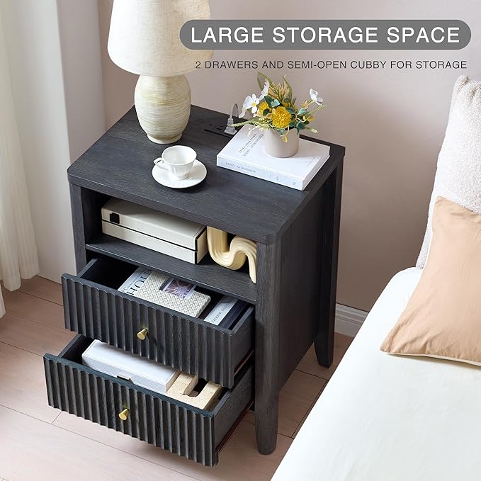 Fluted Nightstand with Charging Station, 21" Wide Modern Bedside Table with 2 Drawers & Open Shelf, Wood End Table with Storage & Metal Handle for Bedroom, Living Room, Small Spaces, Black