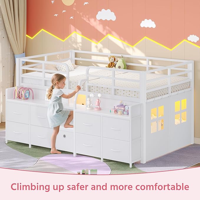 Dnxao Low Loft Bed Twin with 9 Drawers 2 Storage Bookcases,Twin Bed Frame for Kids with LED Lights and Charging Station,Twin Loft Bed with 15" H Safety Guardrail for Small Bedroom,White