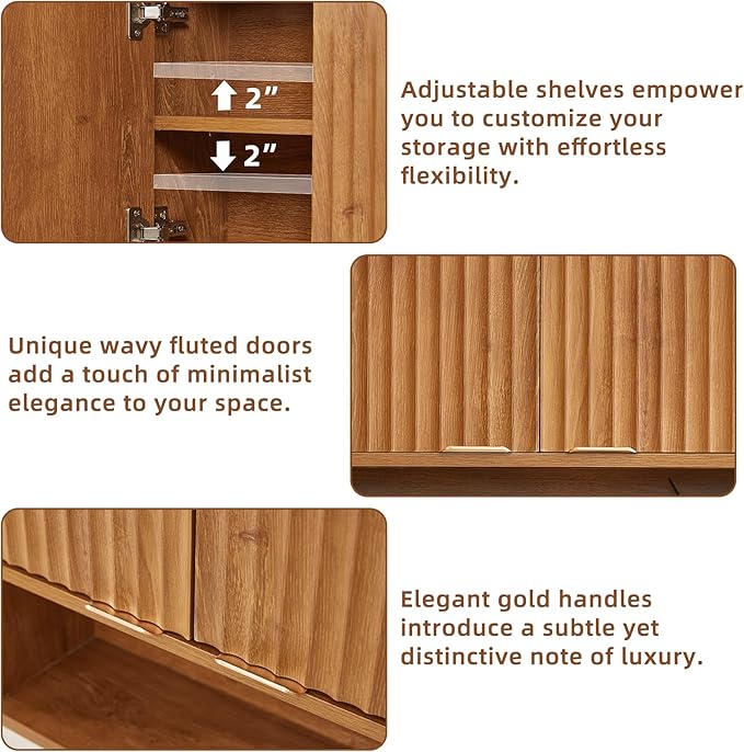 LEYAOYAO Fluted Bathroom Wall Cabinet, Wall-Mounted Medicine Cabinet with Adjustable Shelf and 2 Doors, Tea Brown Farmhouse Over the Toilet Storage Cabinets for Laundry Room, Kitchen, Living Room