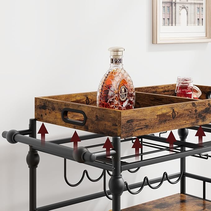 3-Tier Bar Cart with Wheels, Mobile Rolling Beverage Cart with Wine Rack, Glass Holder & Removable Top Tray, Serving Cart, Retro Trolley for Kitchen, Dining Room, Living Room, 35.4" x 15.7" x 34.1"