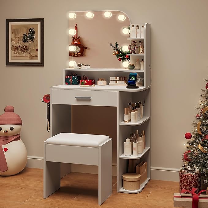 wanan Makeup Vanity with Chair, Small Vanity Desk with Mirror and Lights 3 Colors, Girls Vanity Set with Power Outlet, Compact Vanity Table for Small Space, White