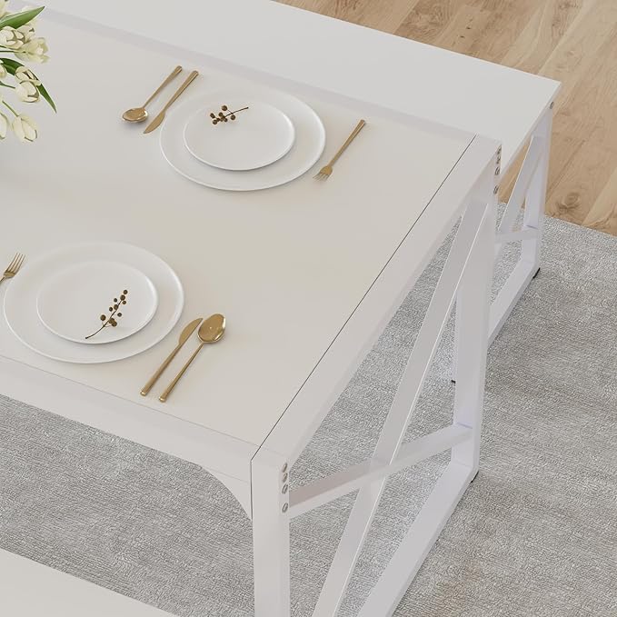 VECELO 55” Kitchen Dining Table Set for 4, Heavy-Duty Steel Frame & Wood-Grain Tabletop, Space-Saving Dinette Sets with 2 Benches for Breakfast Nook and Small Space, White
