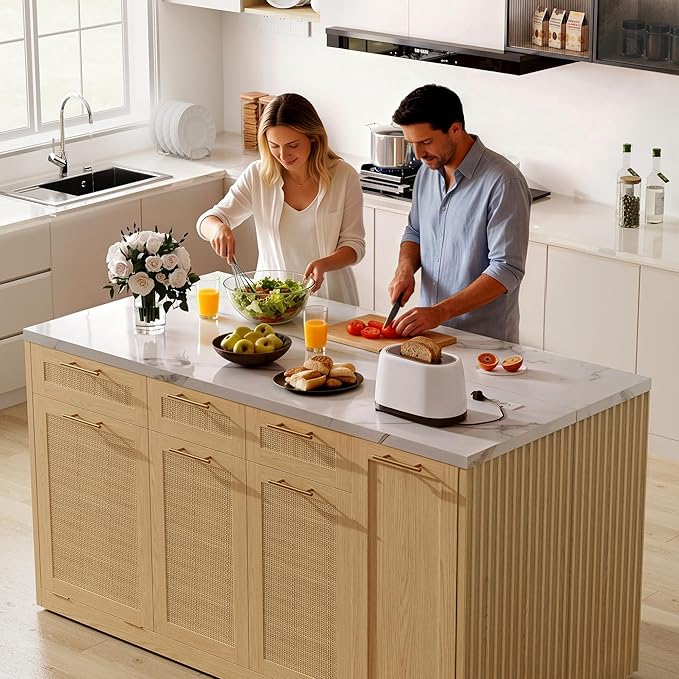 LIKIMIO 59" Kitchen Island with Power Outlet & Hidden Trash can Storage, Faux Marble Island Table with Seating Area, 3-Tier Spice Rack, 3 Drawers, 2-Tier Cabinet, Kitchen Cart on Wheels, Natural