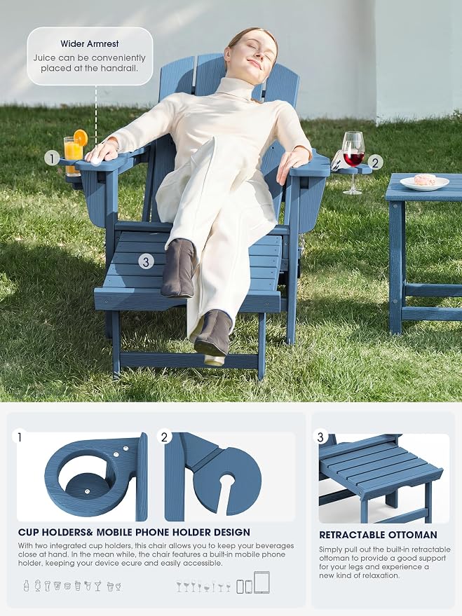 KINGYES Folding Adjustable Adirondack Chairs with Ottoman & 2 Cup Holders Set of 2, HDPE Adirondack Recliner Chair with Footrest, Blue