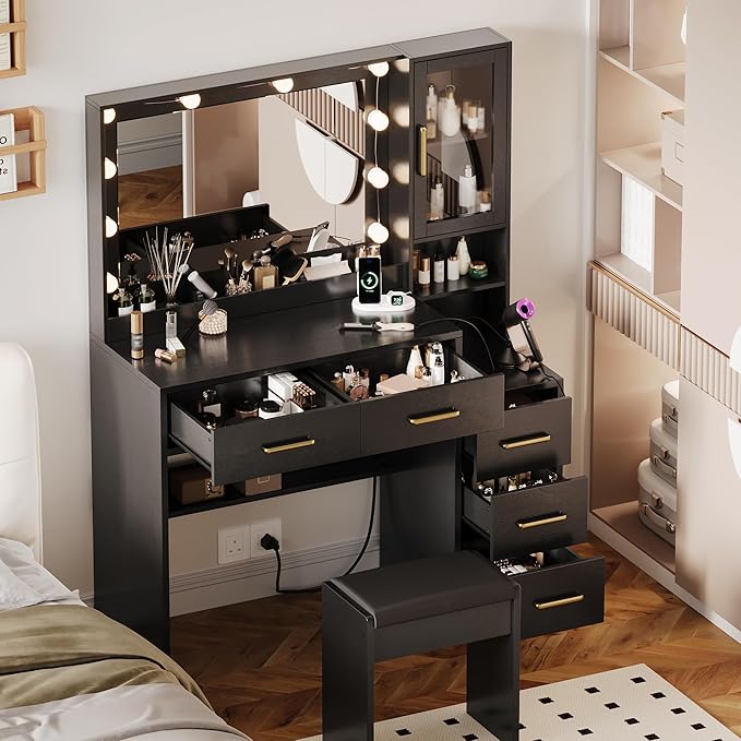 TOKSOM Makeup Vanity with Lights & Charging Station, Black Vanity Table with 5 Drawers & Open Storage Shelves, Bedroom Makeup Dressing Table Set for Women Girls Golden Handles